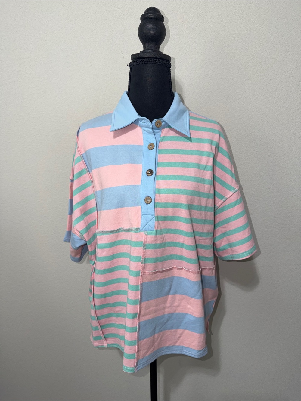 Fantastic Fawn Oversized Pastel Striped Polo in Pink, Blue & Mint. SU26